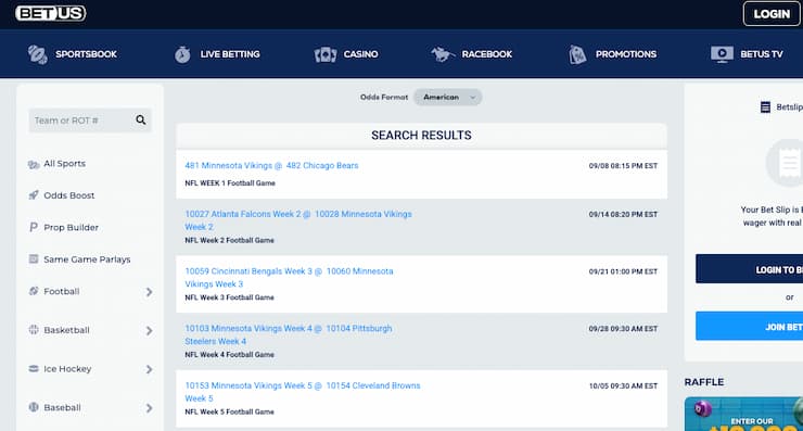 A view of the betting interface on BetUS, one of the best SD online sportsbooks. 